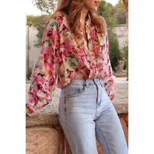 Floral Ruffled Front Long-Sleeve Blouse